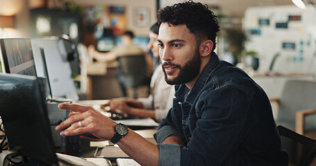 Business, computer and man in office, solution and online reading for project, research and...