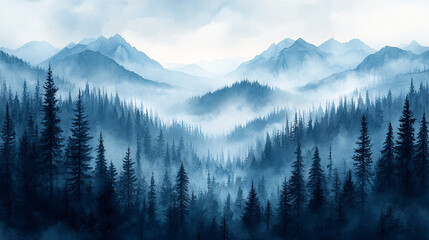 A tranquil watercolor landscape of a misty pine forest, perfect for nature retreats, meditation apps, or inspirational quotes in wellness design.