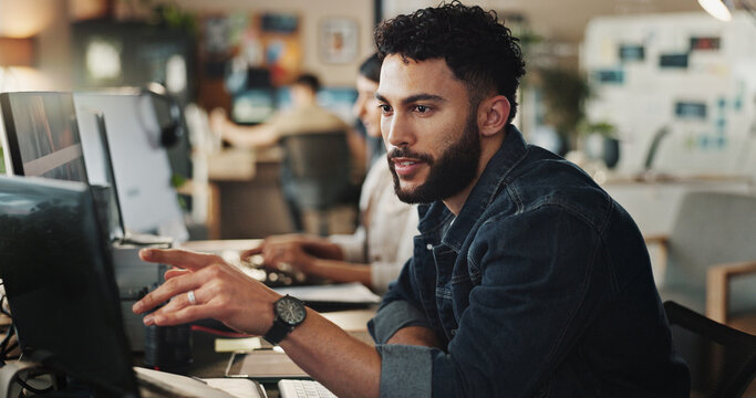 Business, computer and man in office, solution and online reading for project, research and copywriter. People, employee and journalist with pc, internet and problem solving for proposal and email
