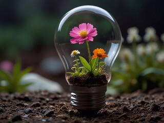 A light bulb with a natural flower garden inside.