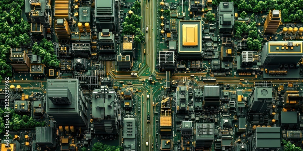 Aufkleber a futuristic cityscape built on a circuit board with trees growing around it
