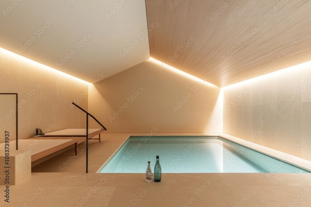 Poster a serene indoor pool area with minimalist design and soft lighting.