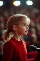 Fototapeta premium A little girl in a red dress standing in front of a microphone