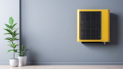 A wall-mounted yellow air conditioning unit stands out against a light grey wall in a modern indoor space. Lush green potted plants & light wood flooring add warmth and contrast to minimalist design.