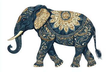 Fototapeta premium Decorative Elephant with Ornate Floral and Mandala Patterns Isolated on White Background