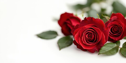 Fototapeta premium Three elegant red roses with lush green leaves on a plain background, evoking beauty and romance.