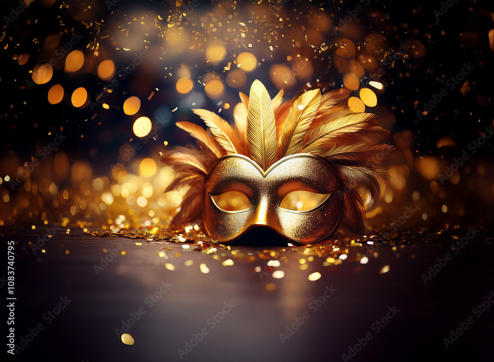 Poster a golden masquerade mask with feathers rests on a table adorned with shimmering gold confetti agains