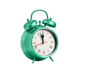retro clock, pointer clock, green color alarm clock on isolated white background close up