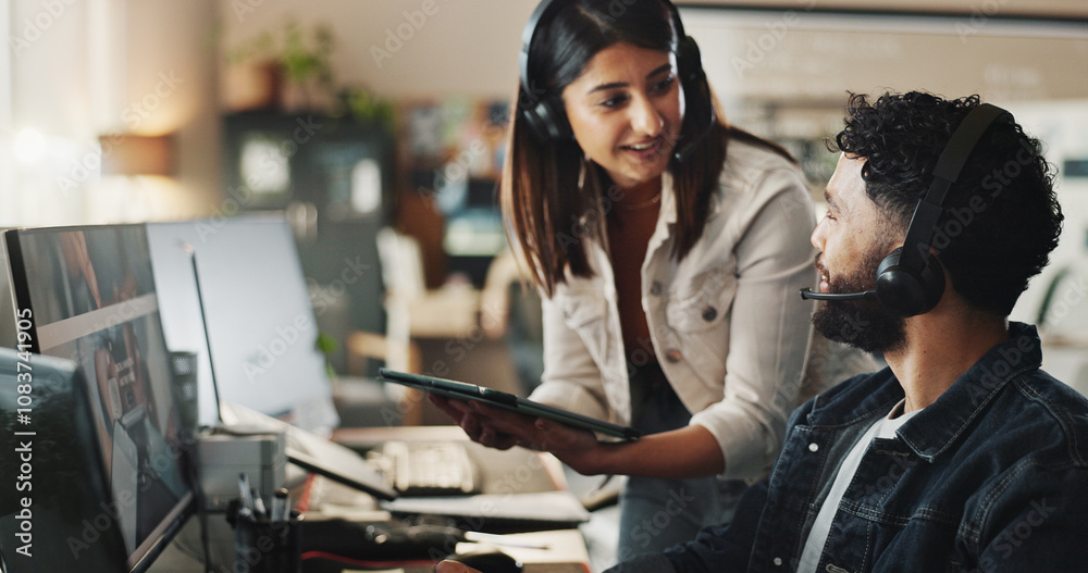 Aufkleber call center, collaboration and business people with tablet, headset and teamwork for online support.