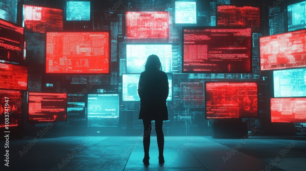 Poster silhouette of a person in front of digital screens displaying red and blue data visualizations in a 