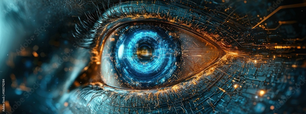 Poster a close-up of a human eye with a futuristic circuitry design