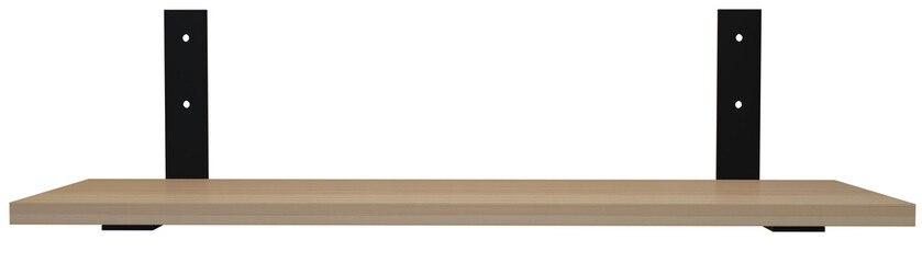 Wooden varnished shelf on metal brackets. Realistic 3D rendering in high resolution without background.
