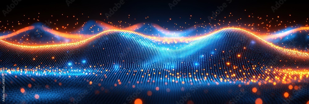 Poster abstract blue and orange illuminated wavy surface with glowing particles
