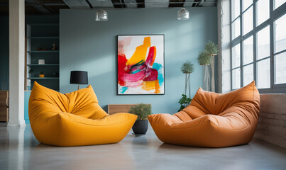 Mustard Yellow Bean Bag Chairs in Modern Loft Apartment