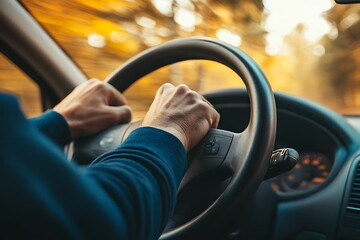 hands of car driver on steering wheel, road trip, driving on highway road