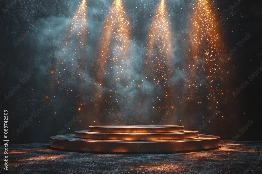 Poster golden circular platform illuminated by spotlights in a dark room