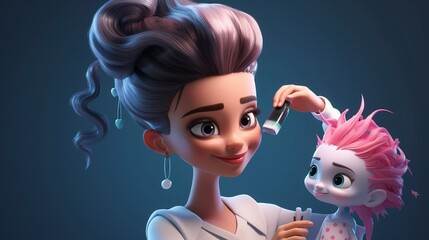 3D illustration of a cheerful woman styling a cute, pink-haired animated character's hair,