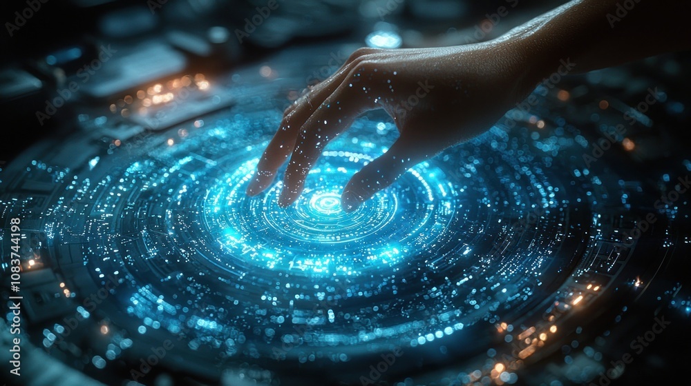 Poster Hand Interacting with a Glowing Circular Interface