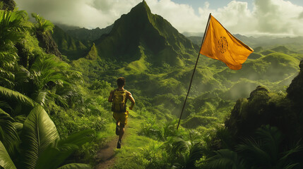 Man Running Up Mountain Trail with Waving Flag