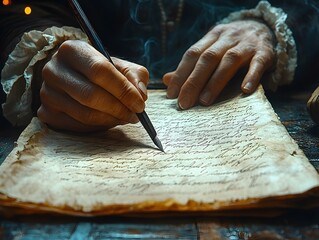 A close-up of a hand writing on aged parchment, evoking historical documentation.