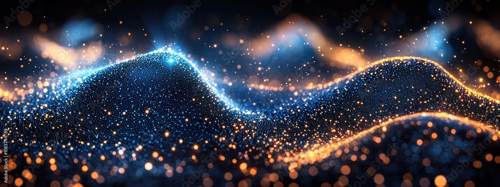 Poster abstract glittering blue and orange waves with bokeh effects