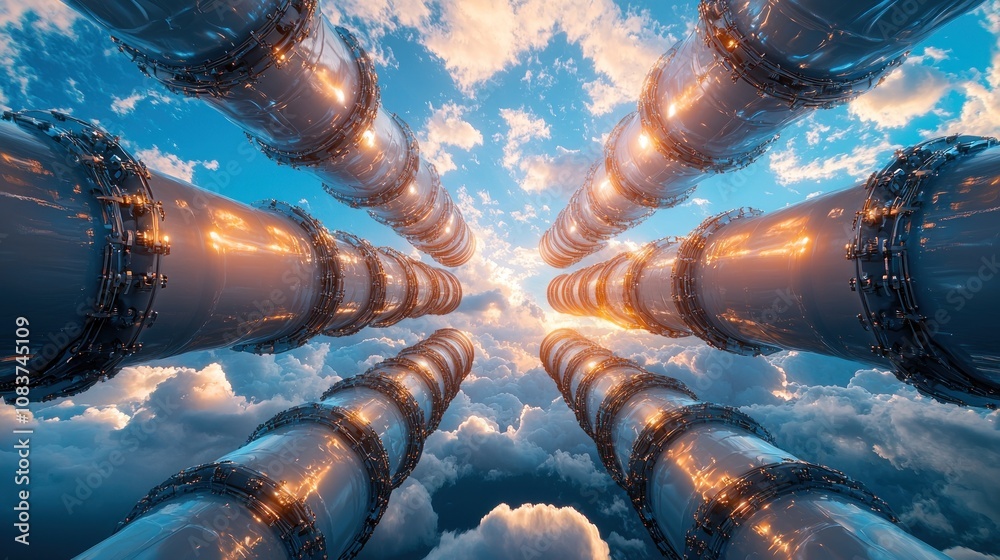 Poster futuristic metallic structures rising through the clouds