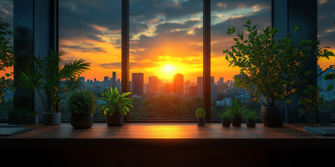 background of office interior with large windows, sunset in the city