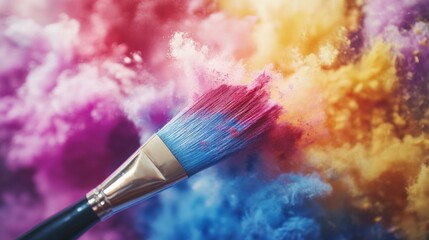 Fototapeta premium Colorful Abstract Background with Paint Brush Creating Vibrant Swirls of Pink, Blue, Yellow, and Purple Dust in an Artistic Explosion of Powder