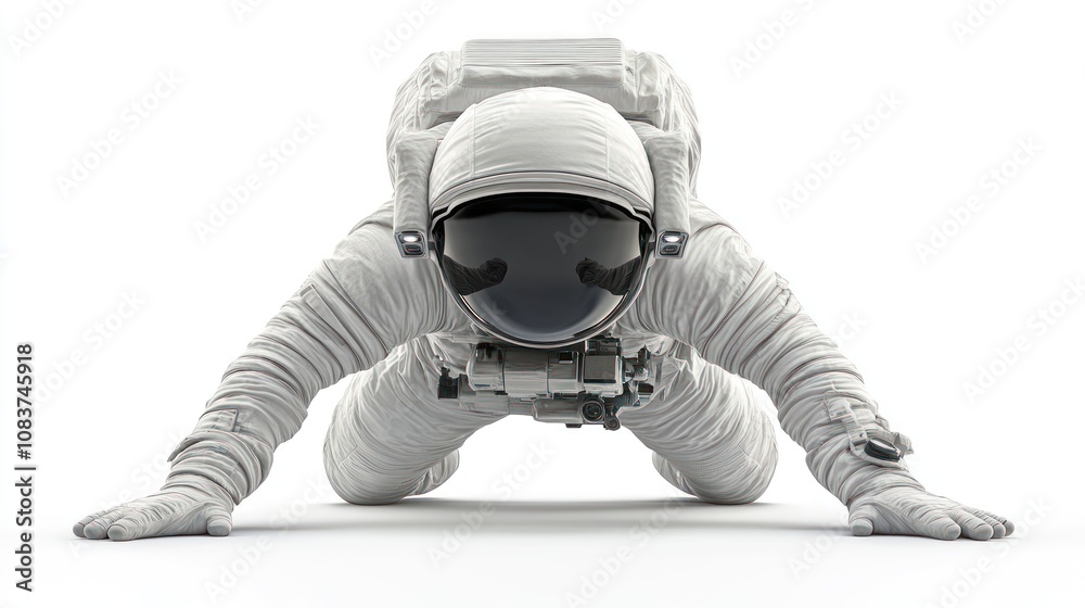 Poster a futuristic astronaut in a crawling position, emphasizing exploration and space travel.