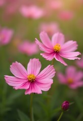Obraz premium Pink cosmos flowers in a field, with a blurred green and pink background