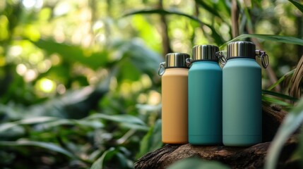 Obraz premium Three Stylish Insulated Water Bottles in Nature Surrounded by Lush Greenery and Tropical Plants with Soft Focus Background