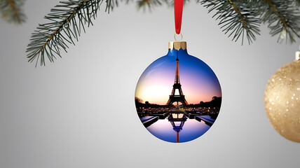 Close-up of modern Eiffel tower reflected in a festive Christmas tree and ornament  celebrating new year eve in paris, France. Christmas holiday concept.