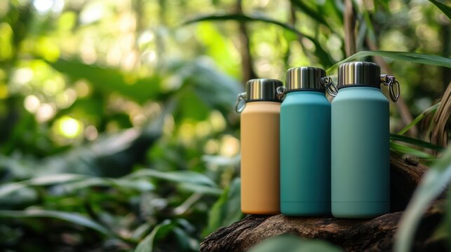 Three Stylish Insulated Water Bottles in Nature Surrounded by Lush Greenery and Tropical Plants with Soft Focus Background