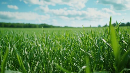 Fototapeta premium Growing green grass in a vibrant field nature landscape sunny day close-up view
