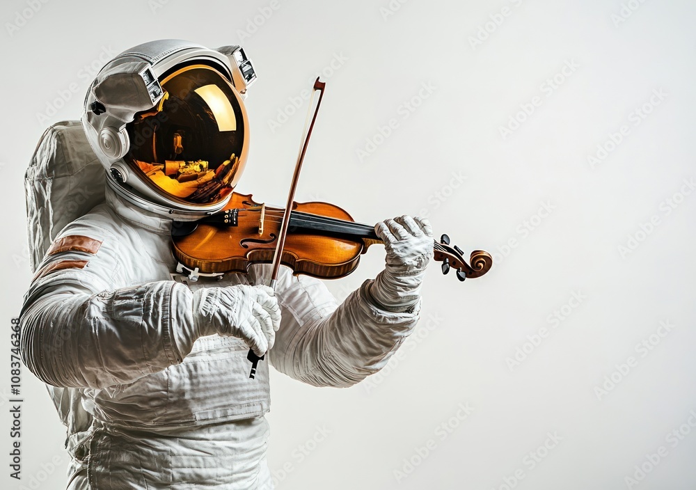 Poster an astronaut in a space suit playing a violin against a plain background.
