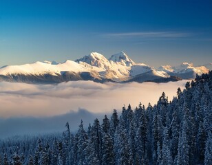 Obraz premium Snow-Capped Mountain Peaks Piercing Through the Clouds, With an Endless Stretch of Pine Forest Below, and a Clear Blue Sky Above, Creating a Majestic Alpine Scene