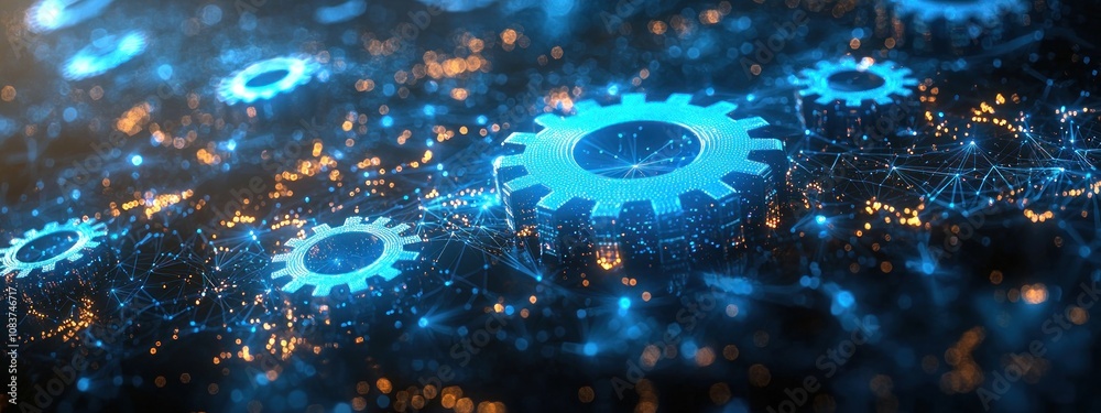 Aufkleber glowing blue gears interconnected by a network of lines and lights