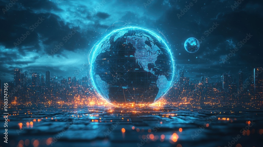 Poster digital globe hovering above a futuristic cityscape