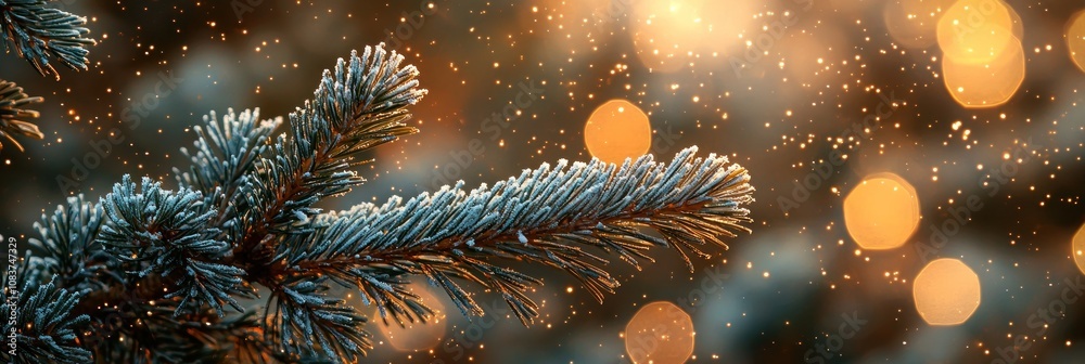 Poster frosty pine branch with warm bokeh lights