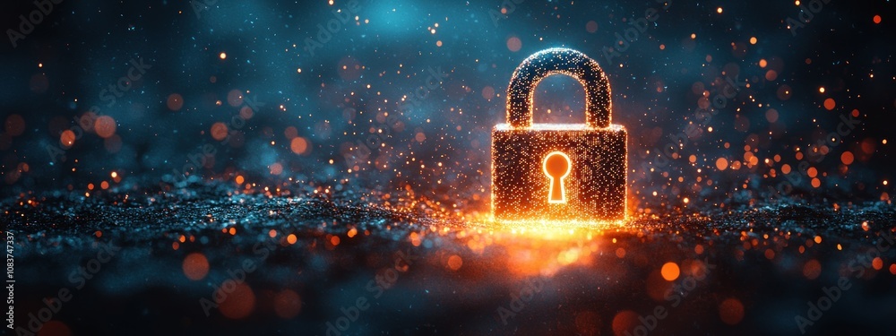 Poster glowing padlock on a sparkly surface