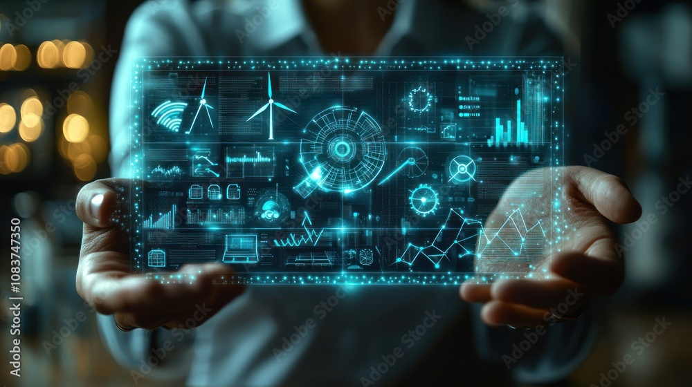 Poster person holding holographic interface with data and wind turbines