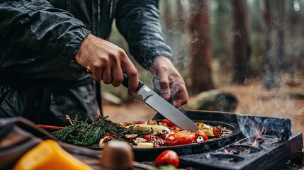Fototapeta premium A close-up of a camper using a knife to prepare food at a campsite, showcasing the practicality of camping gear in action.