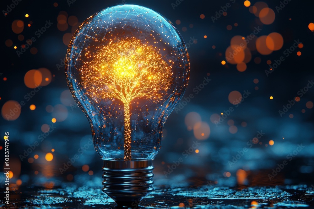 Poster glowing tree inside a light bulb with a blue background