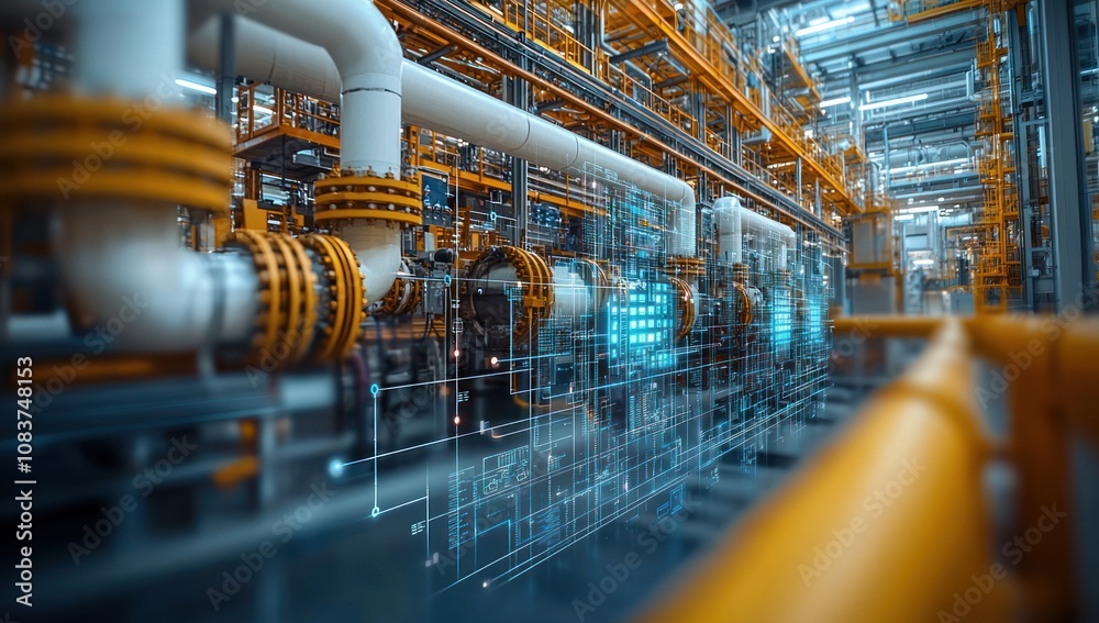 Poster Industrial Facility with Digital Overlay Displaying Automation and Control Systems