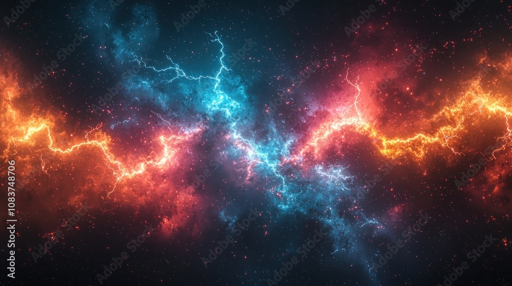 Aufkleber abstract cosmic nebula with red and blue lightning