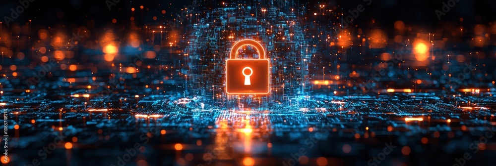 Poster Digital Lock Icon Hovering Over Abstract Circuitry