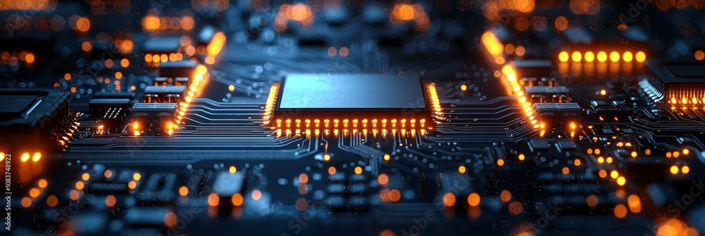 Aufkleber illuminated microchip on a circuit board with blurry lights