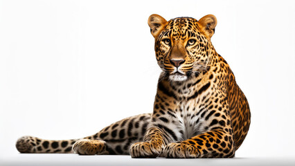 Obraz premium Leopard lies isolated on white background.
