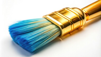 Fototapeta premium Aerial View of a Paint Brush with Golden Bristles and Blue Handle on a White Isolated Background, Perfect for Art Supplies, Painting Tools, Creative Design, and Decor Concepts