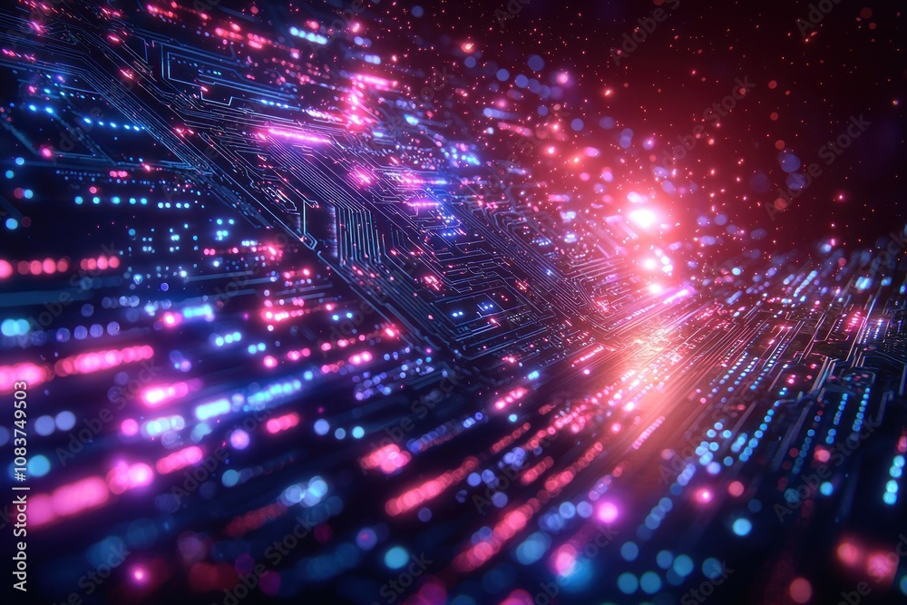 Aufkleber abstract circuit board with neon lights and particles